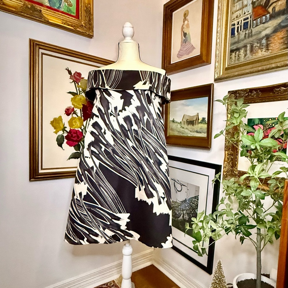 Halston Heritage Black and White Off-Shoulder Dress